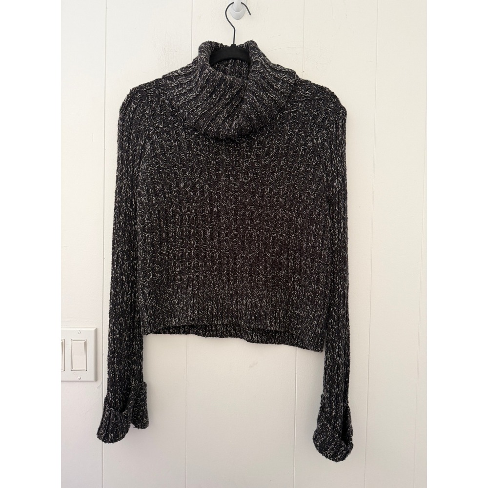 Free People Marled Cowl Neck Cropped Sweater Black White Chunky Knit Small